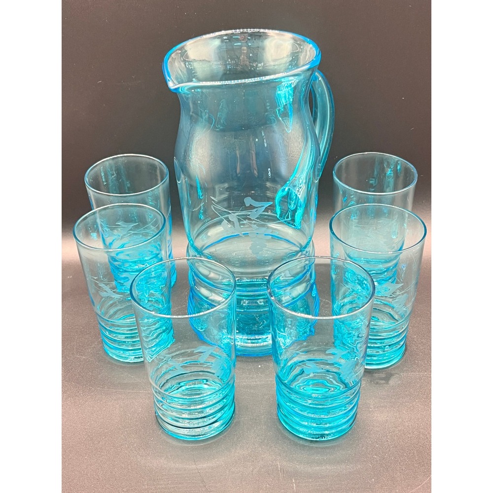 Vtg Aqua‎ Blue Etched Glass Pitcher 6 Tumbler Set Retro Mid Century Modern